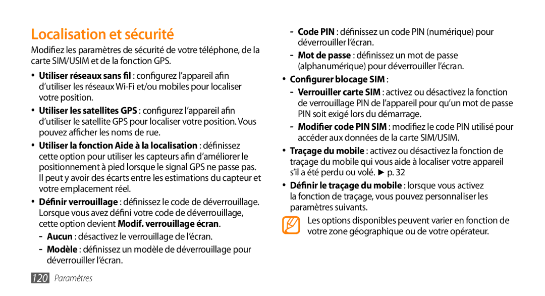 Samsung GT-I9003RWDVGF, GT-I9003RWDBOG Localisation et sécurité, Pouvez afficher les noms de rue, Configurer blocage SIM 