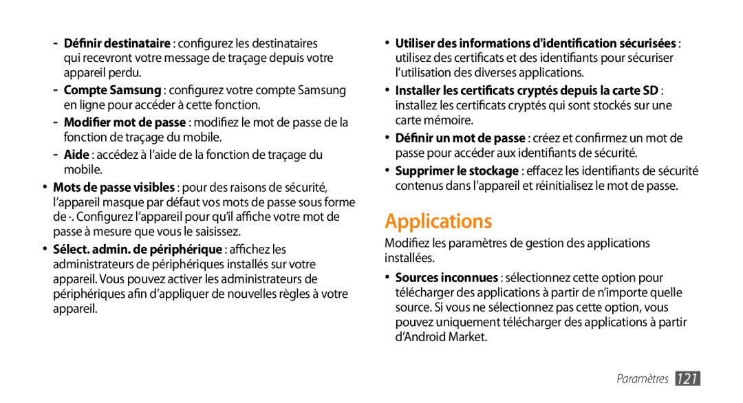 Samsung GT-I9003MKDBOG, GT-I9003RWDBOG manual Applications, Aide accédez à l’aide de la fonction de traçage du mobile 