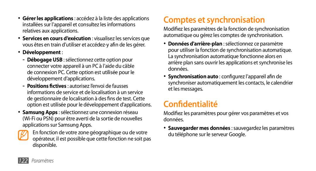 Samsung GT-I9003NKDVGF, GT-I9003RWDBOG, GT-I9003RWDVGF manual Comptes et synchronisation, Confidentialité, Développement 