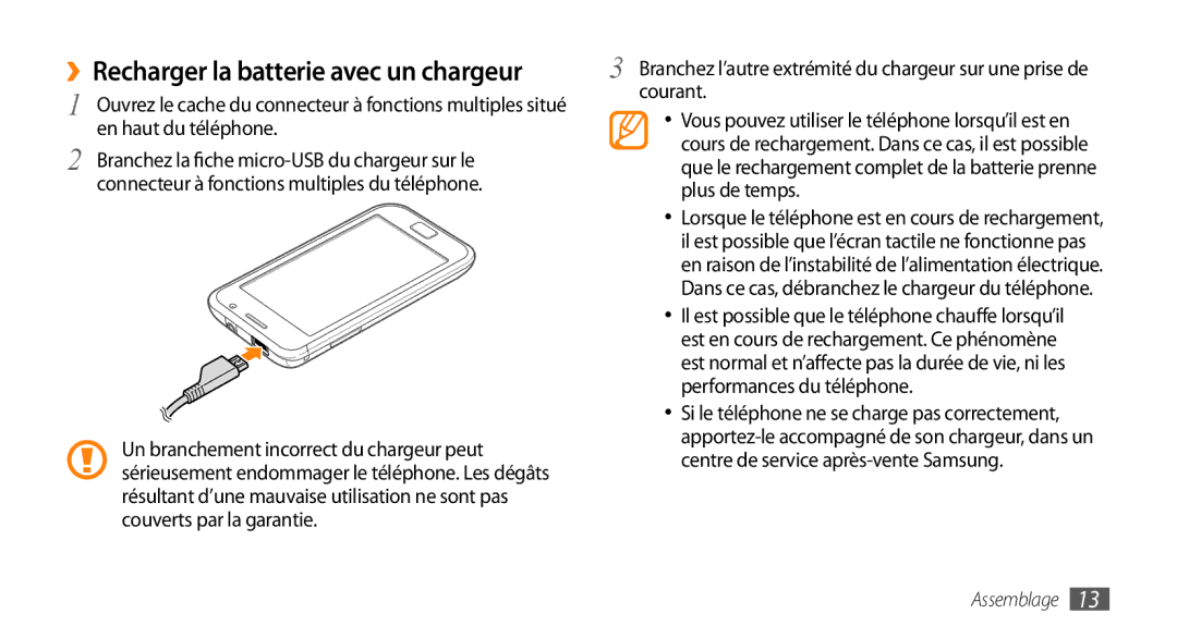 Samsung GT-I9003MKDNRJ, GT-I9003RWDBOG, GT-I9003RWDVGF, GT-I9003MKDBOG manual ››Recharger la batterie avec un chargeur 