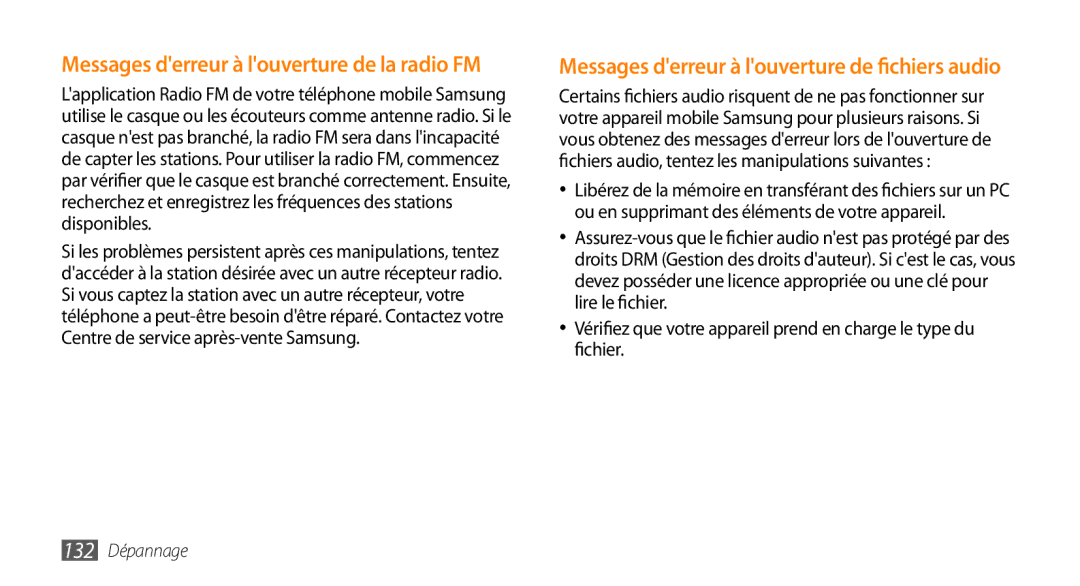 Samsung GT-I9003MKDNRJ, GT-I9003RWDBOG, GT-I9003RWDVGF, GT-I9003MKDBOG manual Messages derreur à louverture de la radio FM 