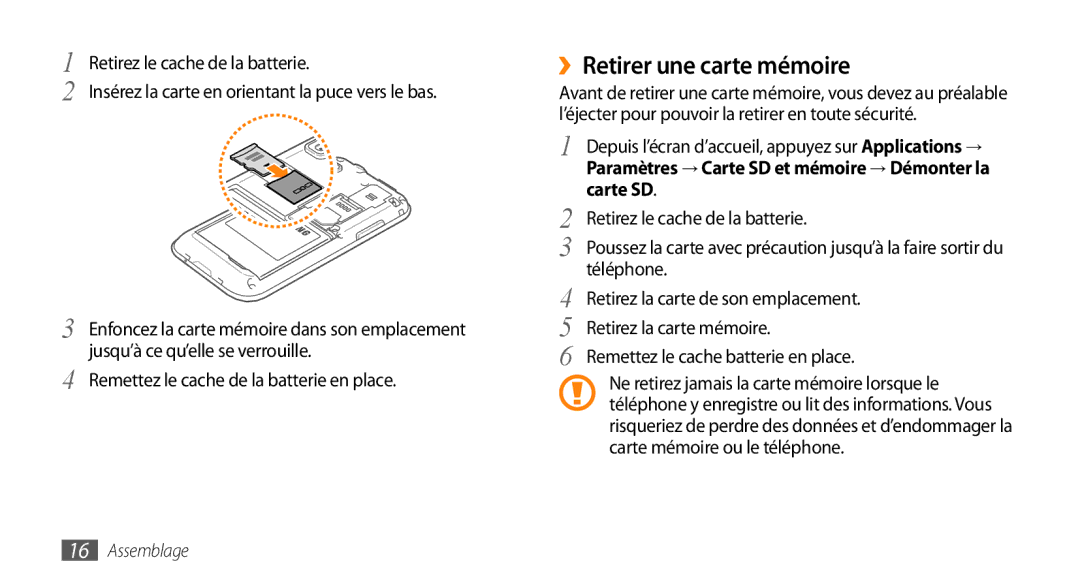 Samsung GT-I9003MKDFTM, GT-I9003RWDBOG, GT-I9003RWDVGF, GT-I9003MKDBOG, GT-I9003NKDVGF ››Retirer une carte mémoire, Carte SD 