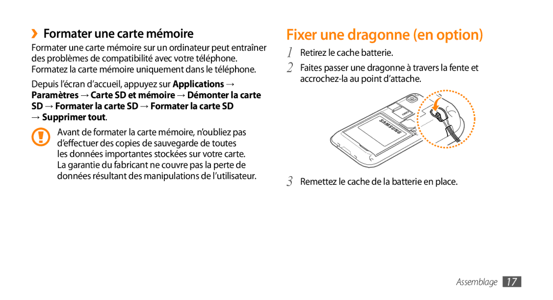 Samsung GT-I9003RWDBOG, GT-I9003RWDVGF manual Fixer une dragonne en option, ››Formater une carte mémoire, → Supprimer tout 