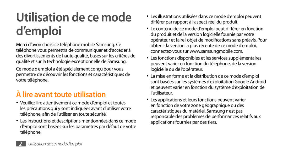 Samsung GT-I9003MKDBOG, GT-I9003RWDBOG, GT-I9003RWDVGF manual Utilisation de ce mode d’emploi, Lire avant toute utilisation 