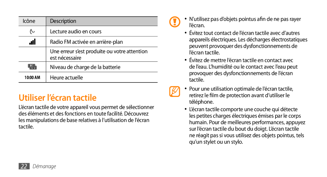 Samsung GT-I9003MKDXEF manual Utiliser l’écran tactile, Est nécessaire, Niveau de charge de la batterie, Heure actuelle 