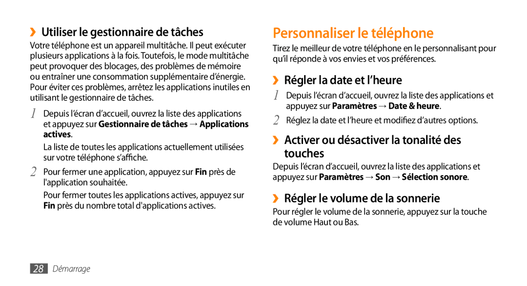 Samsung GT-I9003NKDBOG manual Personnaliser le téléphone, ››Utiliser le gestionnaire de tâches, ››Régler la date et l’heure 