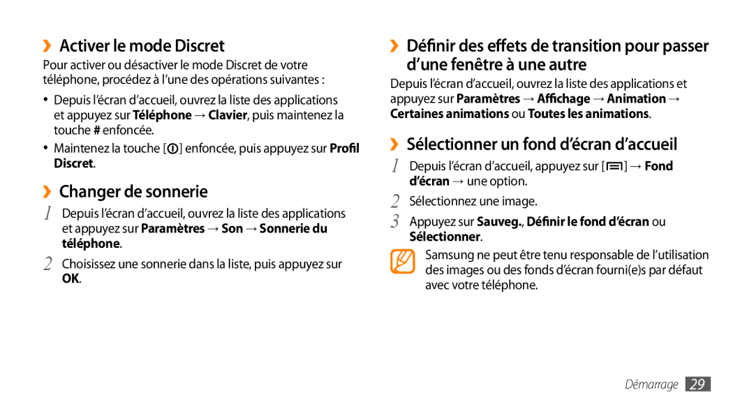 Samsung GT-I9003MKDVGF manual ››Activer le mode Discret, ››Changer de sonnerie, ››Sélectionner un fond d’écran d’accueil 