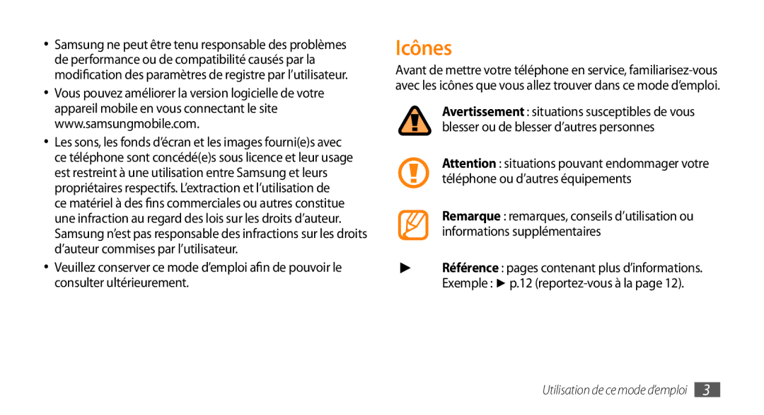Samsung GT-I9003NKDVGF, GT-I9003RWDBOG, GT-I9003RWDVGF, GT-I9003MKDBOG manual Icônes, Exemple p.12 reportez-vous à la 