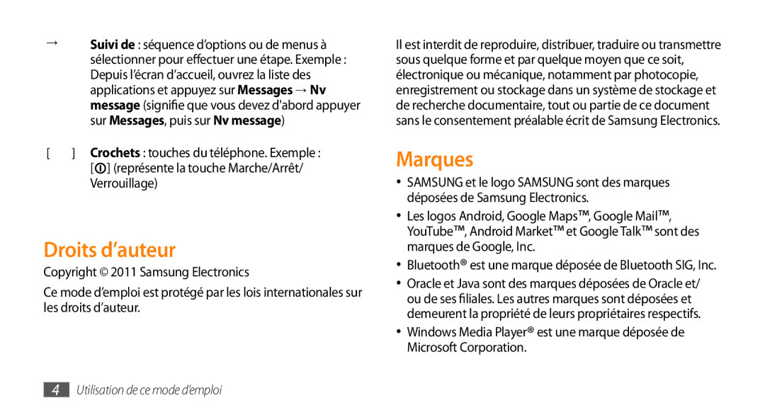 Samsung GT-I9003MKDSFR, GT-I9003RWDBOG, GT-I9003RWDVGF, GT-I9003MKDBOG, GT-I9003NKDVGF Droits d’auteur, Marques, Verrouillage 