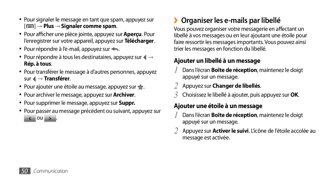 Samsung GT-I9003MKDFTM, GT-I9003RWDBOG, GT-I9003RWDVGF ››Organiser les e-mails par libellé, Ajouter un libellé à un message 