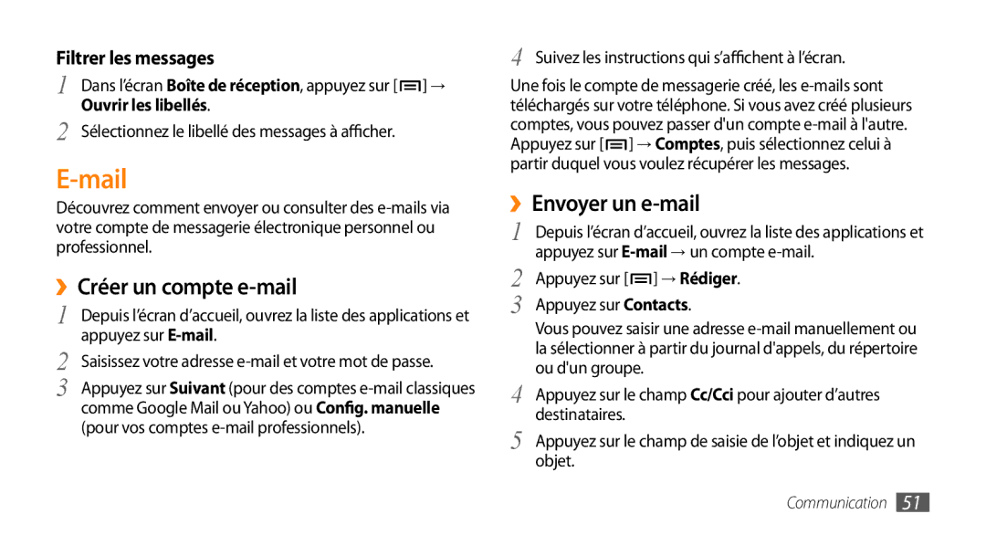 Samsung GT-I9003RWDBOG, GT-I9003RWDVGF manual Mail, ››Créer un compte e-mail, Filtrer les messages, Ouvrir les libellés 