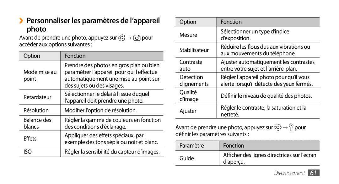 Samsung GT-I9003NKDNRJ, GT-I9003RWDBOG, GT-I9003RWDVGF, GT-I9003MKDBOG ››Personnaliser les paramètres de l’appareil photo 