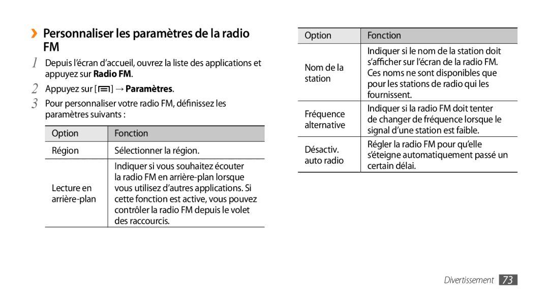 Samsung GT-I9003MKDXEF, GT-I9003RWDBOG, GT-I9003RWDVGF manual ››Personnaliser les paramètres de la radio, → Paramètres 