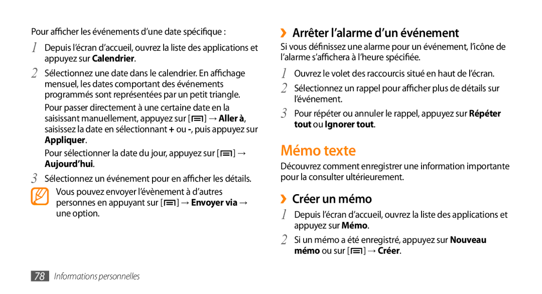 Samsung GT-I9003NKDNRJ Mémo texte, ››Arrêter l’alarme d’un événement, ››Créer un mémo, ’événement, Tout ou Ignorer tout 