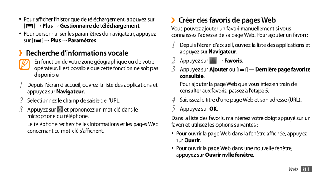 Samsung GT-I9003RWDSFR manual ››Recherche d’informations vocale, ››Créer des favoris de pages Web, → Favoris, Consultée 