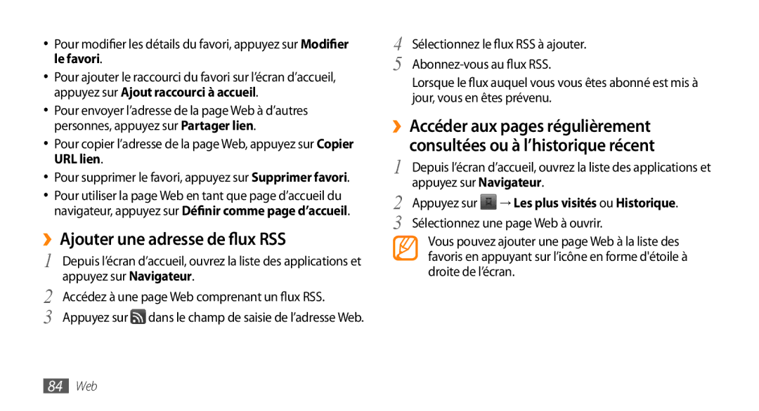 Samsung GT-I9003MKDFTM, GT-I9003RWDBOG manual ››Ajouter une adresse de flux RSS, Sélectionnez une page Web à ouvrir 