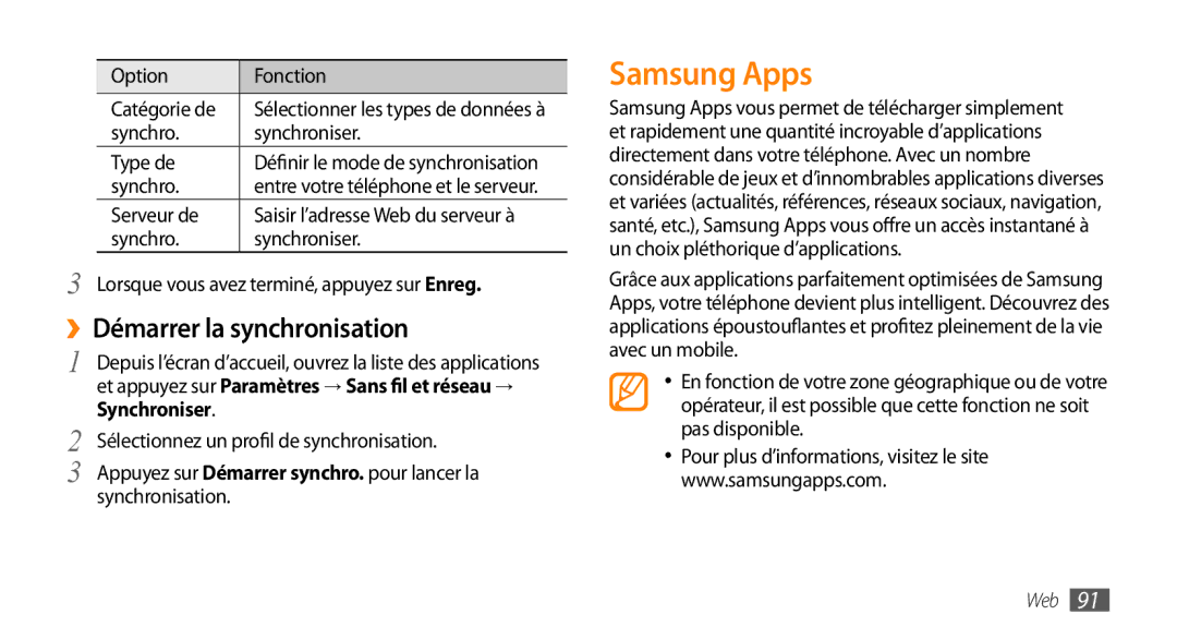 Samsung GT-I9003ISDXEF, GT-I9003RWDBOG, GT-I9003RWDVGF, GT-I9003MKDBOG manual Samsung Apps, ››Démarrer la synchronisation 