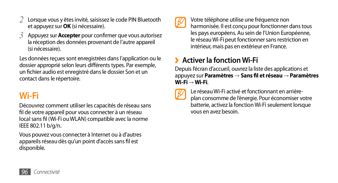 Samsung GT-I9003NKDBOG, GT-I9003RWDBOG, GT-I9003RWDVGF, GT-I9003MKDBOG, GT-I9003NKDVGF manual ››Activer la fonction Wi-Fi 