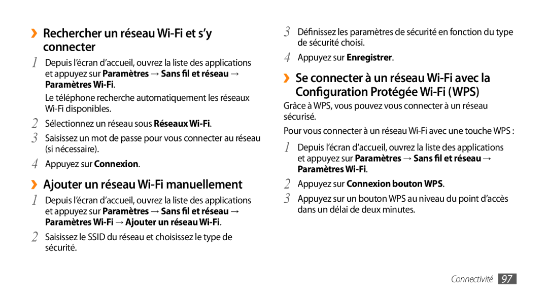 Samsung GT-I9003MKDVGF, GT-I9003RWDBOG ››Rechercher un réseau Wi-Fi et s’y connecter, Configuration Protégée Wi-Fi WPS 