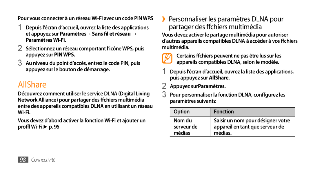 Samsung GT-I9003MKDNRJ, GT-I9003RWDBOG manual AllShare, Appuyez sur PIN WPS, Appuyez sur le bouton de démarrage, Médias 