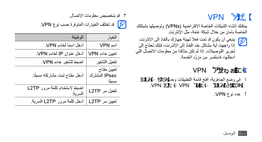 Samsung GT-I9003MKDMID, GT-I9003RWDMID manual Vpn تلااصتا, Vpn تلايصوت دادعإ››, Vpn ةفاضإ ← Vpn تادادعإ ← تاكبشلاو ةيكلسلالا 