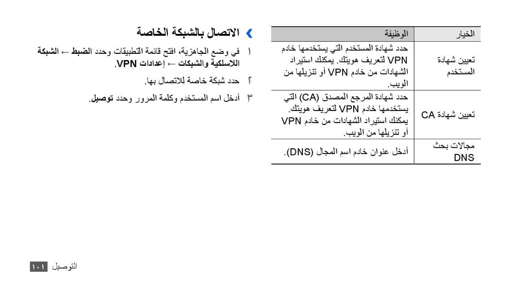 Samsung GT-I9003NKDAFR, GT-I9003RWDMID, GT-I9003MKJXSS manual ةصاخلا ةكبشلاب لاصتلاا››, Vpn تادادعإ ← تاكبشلاو ةيكلسلالا 