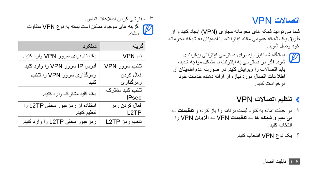 Samsung GT-I9003NKDTHR, GT-I9003RWDMID manual Vpn تلااصتا میظنت››, ار Vpn ندوزفا ← Vpn تامیظنت ← اه هکبش و میس یب 