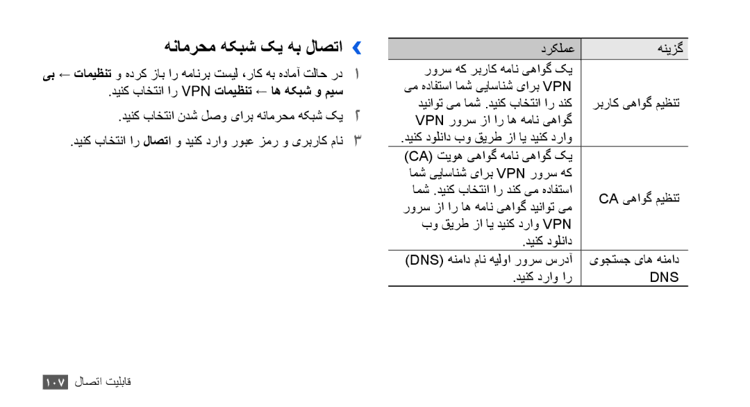 Samsung GT-I9003NKDXSG, GT-I9003RWDMID manual هنامرحم هکبش کی هب لاصتا››, دینک باختنا ار Vpn تامیظنت ← اه هکبش و میس 