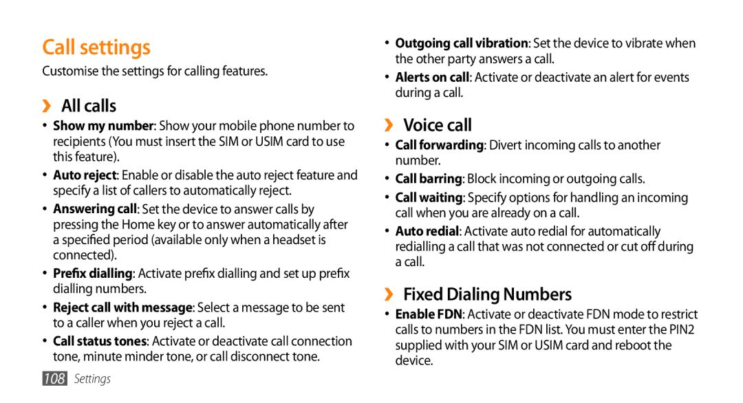 Samsung GT-I9010XKADBT, GT-I9010XKAXEN, GT-I9010XKAITV Call settings, ›› All calls, ›› Voice call, ›› Fixed Dialing Numbers 