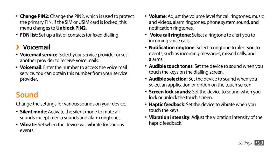Samsung GT-I9010XKAXEN, GT-I9010XKADBT manual Sound, ›› Voicemail, FDN list Set up a list of contacts for fixed dialling 