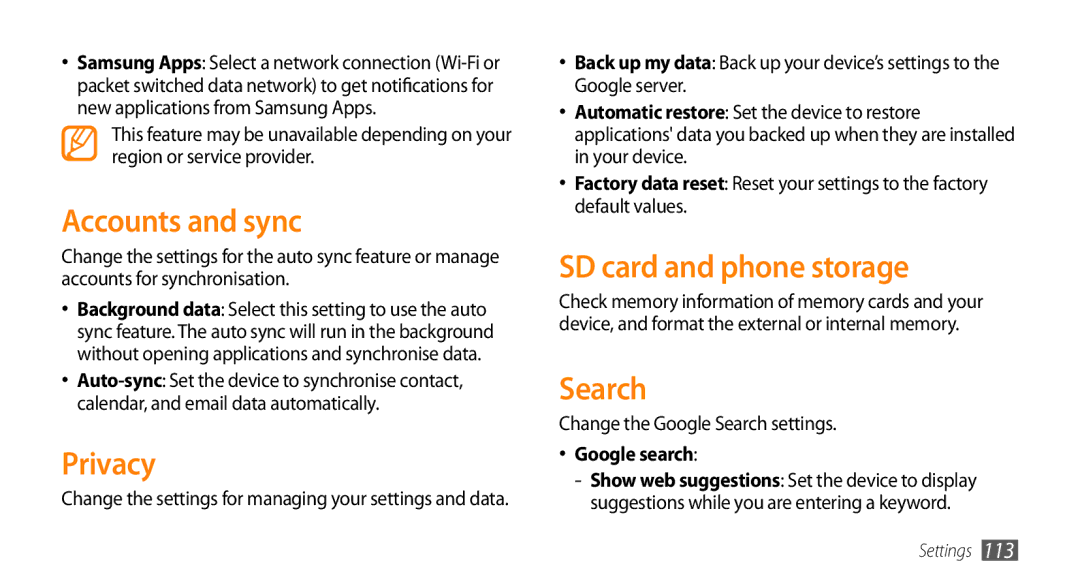 Samsung GT-I9010XKAXEN, GT-I9010XKADBT manual Accounts and sync, Privacy, SD card and phone storage, Search, Google search 