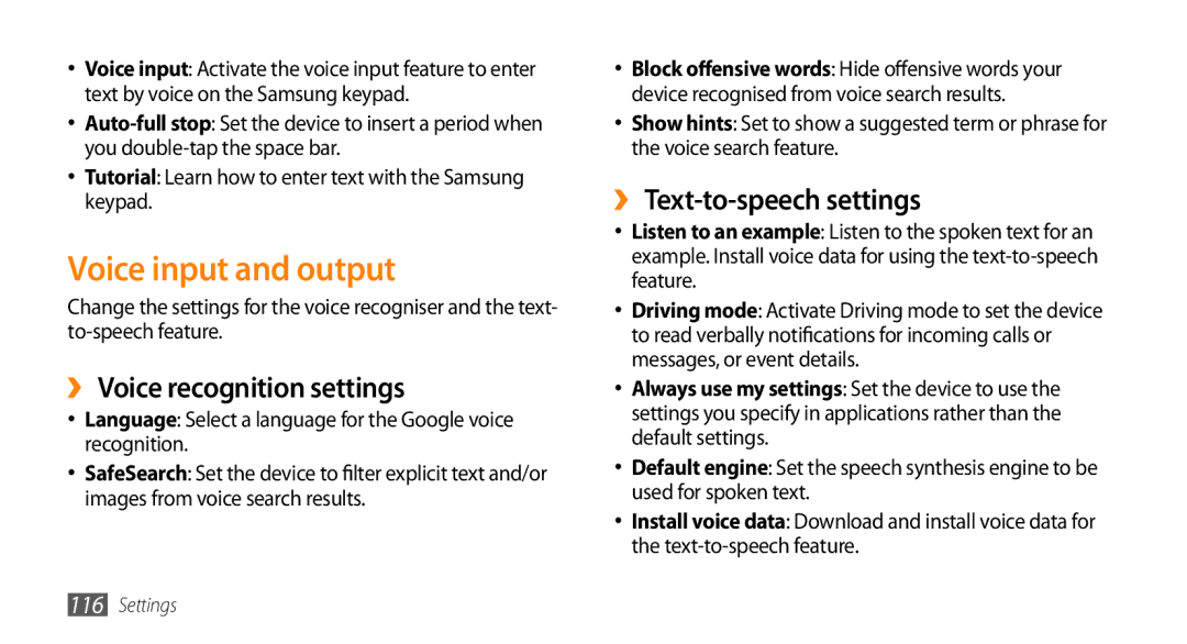 Samsung GT-I9010XKADBT, GT-I9010XKAXEN Voice input and output, ›› Voice recognition settings, ›› Text-to-speech settings 