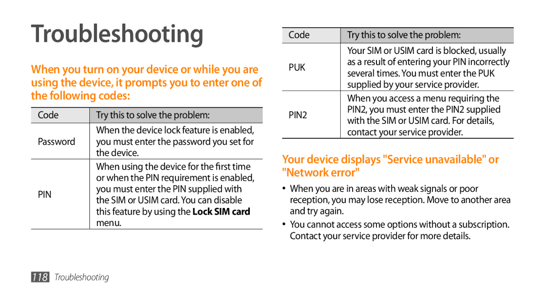 Samsung GT-I9010XKAITV, GT-I9010XKADBT manual Troubleshooting, Your device displays Service unavailable or Network error 