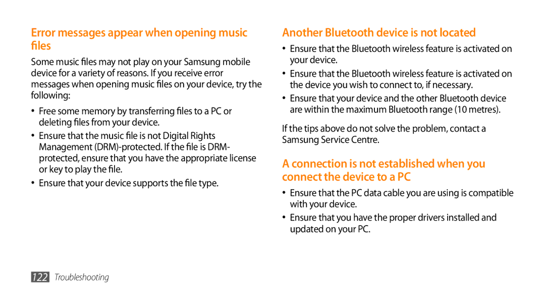 Samsung GT-I9010XKAITV manual Error messages appear when opening music files, Another Bluetooth device is not located 