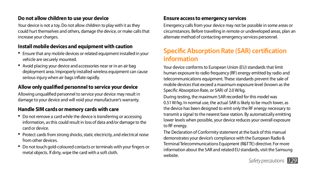 Samsung GT-I9010XKAXEN Specific Absorption Rate SAR certification information, Do not allow children to use your device 