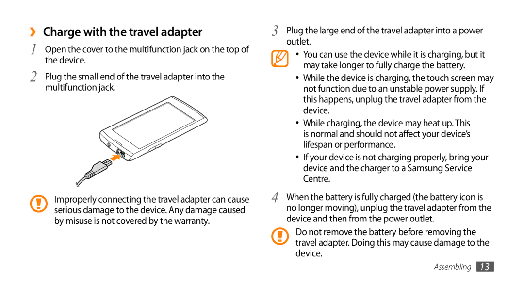 Samsung GT-I9010XKAXEN, GT-I9010XKADBT manual ›› Charge with the travel adapter, Device, Multifunction jack, Outlet 