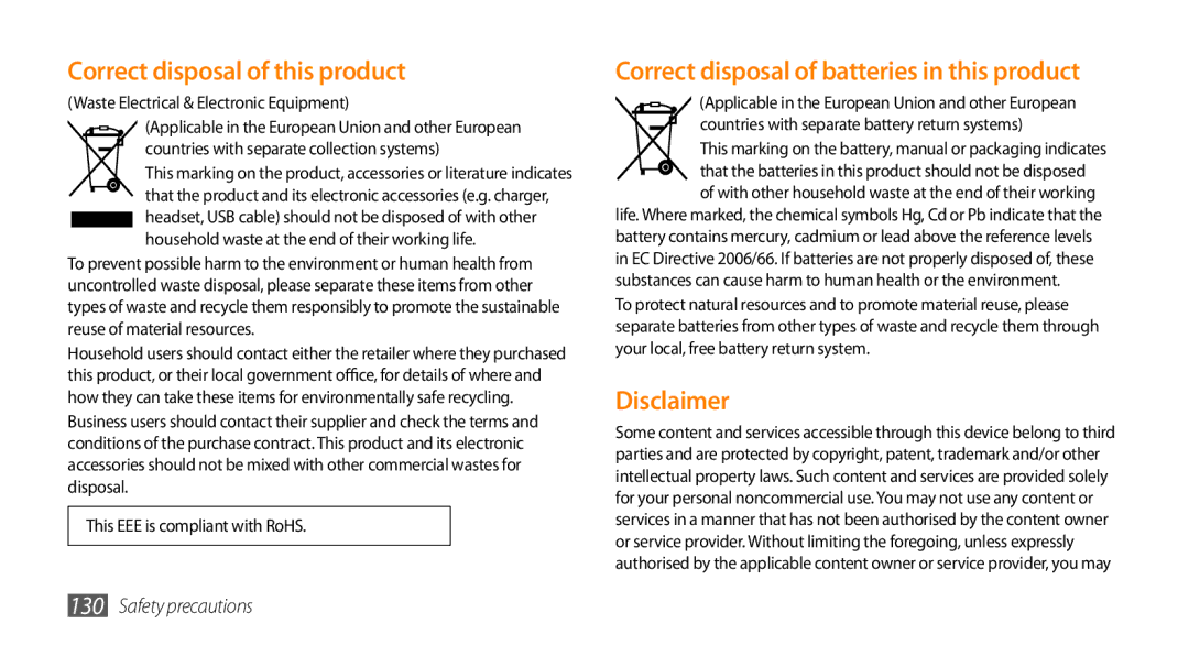 Samsung GT-I9010XKAITV manual Correct disposal of this product, Correct disposal of batteries in this product, Disclaimer 