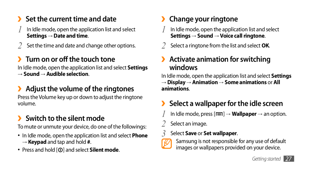 Samsung GT-I9010XKASER ›› Set the current time and date, ›› Turn on or off the touch tone, ›› Switch to the silent mode 