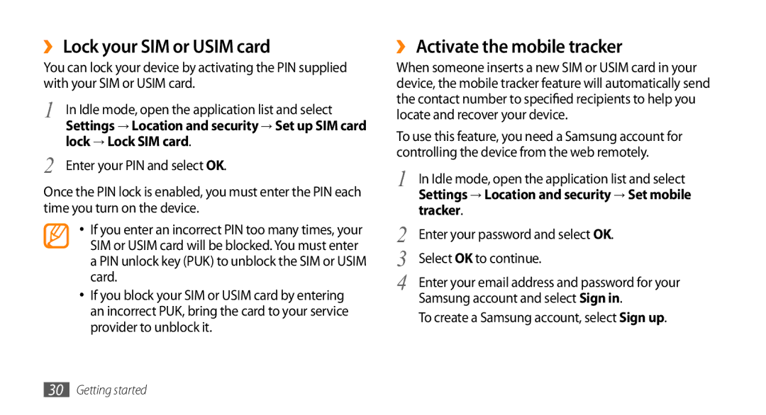 Samsung GT-I9010XKAITV manual ›› Lock your SIM or Usim card, ›› Activate the mobile tracker, Lock → Lock SIM card, Tracker 