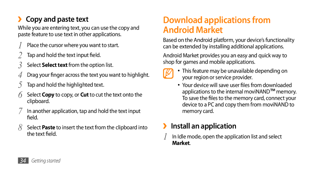 Samsung GT-I9010XKAITV manual Download applications from Android Market, ›› Copy and paste text, ›› Install an application 