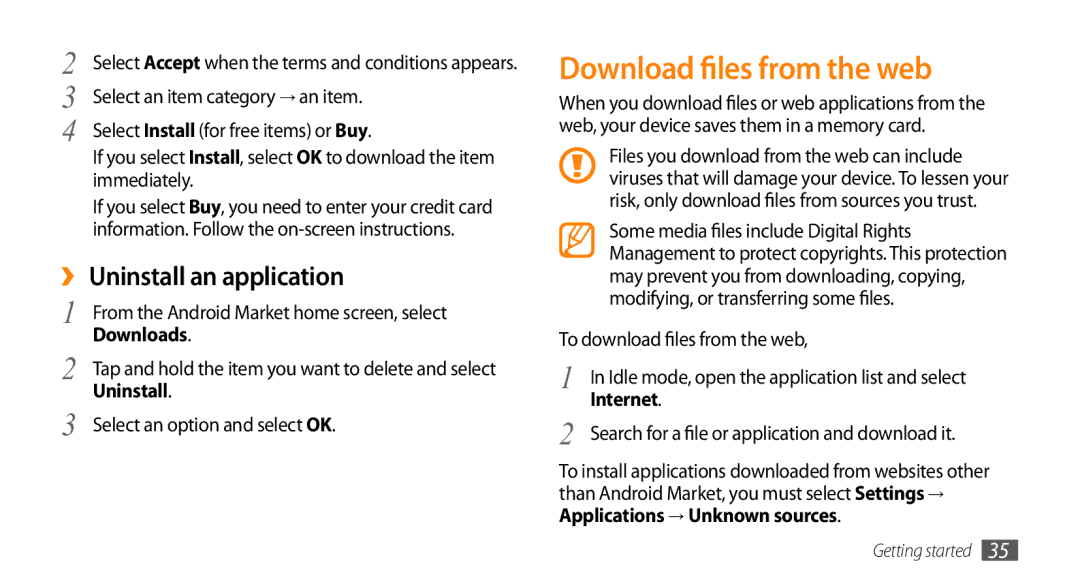 Samsung GT-I9010XKASER, GT-I9010XKADBT manual Download files from the web, ›› Uninstall an application, Downloads, Internet 