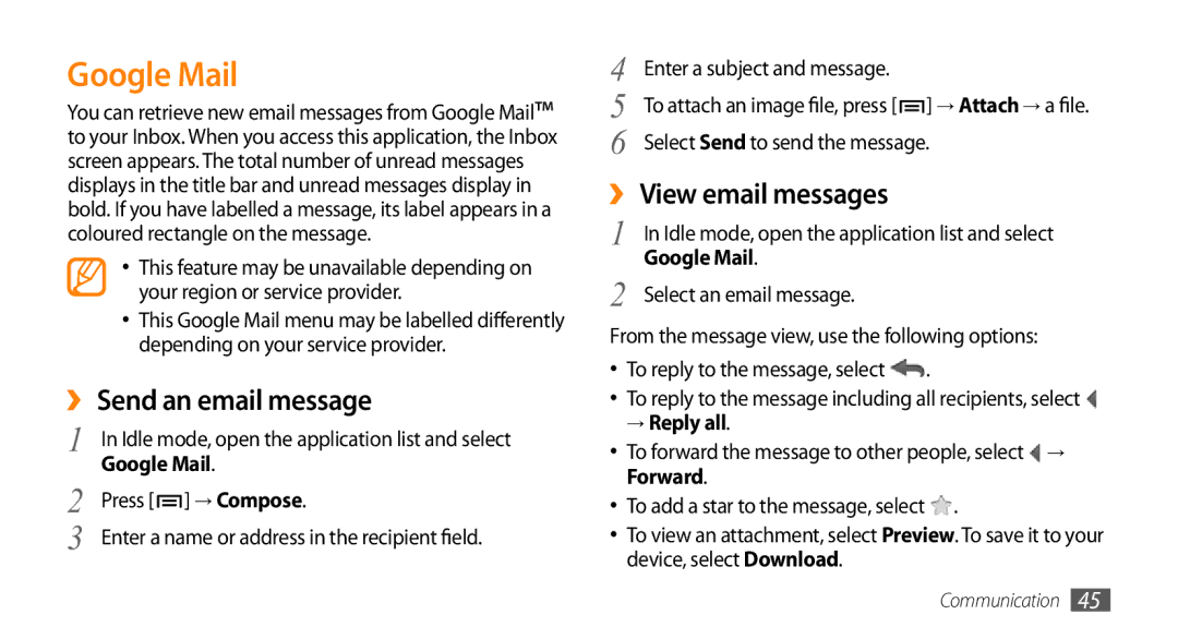 Samsung GT-I9010XKAXEN, GT-I9010XKADBT manual Google Mail, ›› Send an email message, ›› View email messages, → Reply all 