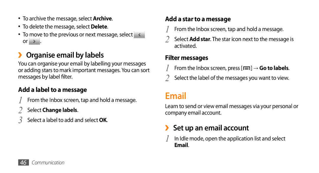 Samsung GT-I9010XKAITV manual ›› Organise email by labels, ›› Set up an email account, Select Change labels, Activated 