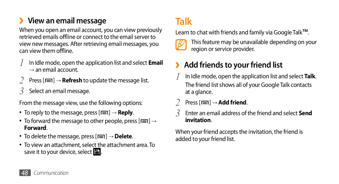 Samsung GT-I9010XKADBT Talk, ›› View an email message, ›› Add friends to your friend list, → an email account, Invitation 