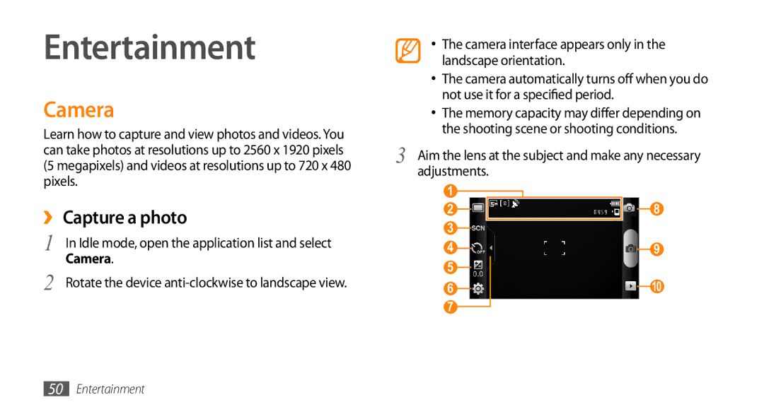 Samsung GT-I9010XKAITV, GT-I9010XKADBT, GT-I9010XKAXEN, GT-I9010XKASER manual Entertainment, Camera, ›› Capture a photo 