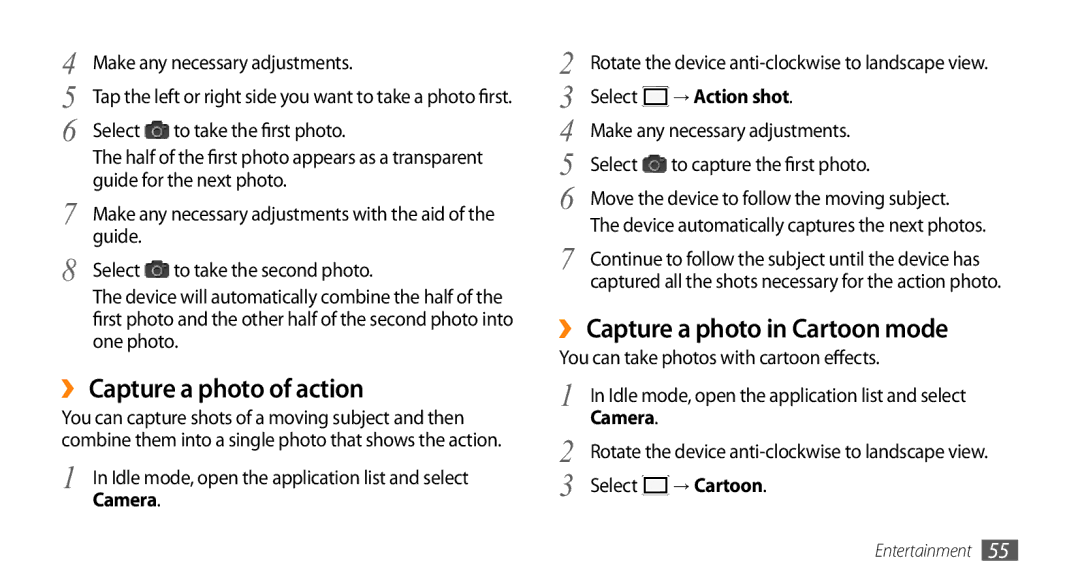 Samsung GT-I9010XKASER manual ›› Capture a photo of action, ›› Capture a photo in Cartoon mode, → Action shot, → Cartoon 