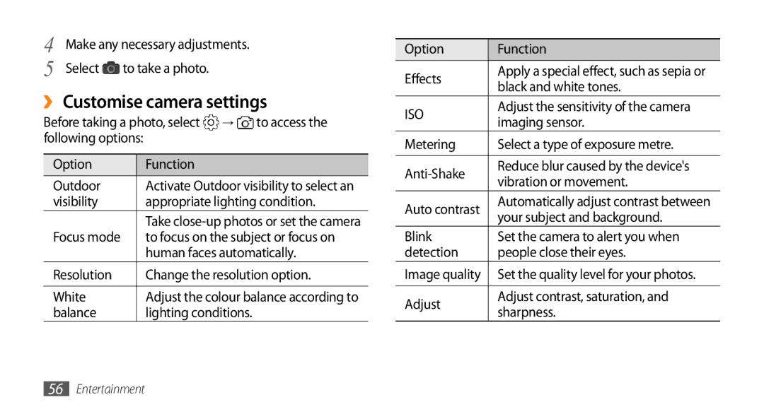 Samsung GT-I9010XKADBT, GT-I9010XKAXEN, GT-I9010XKAITV, GT-I9010XKASER manual ›› Customise camera settings 