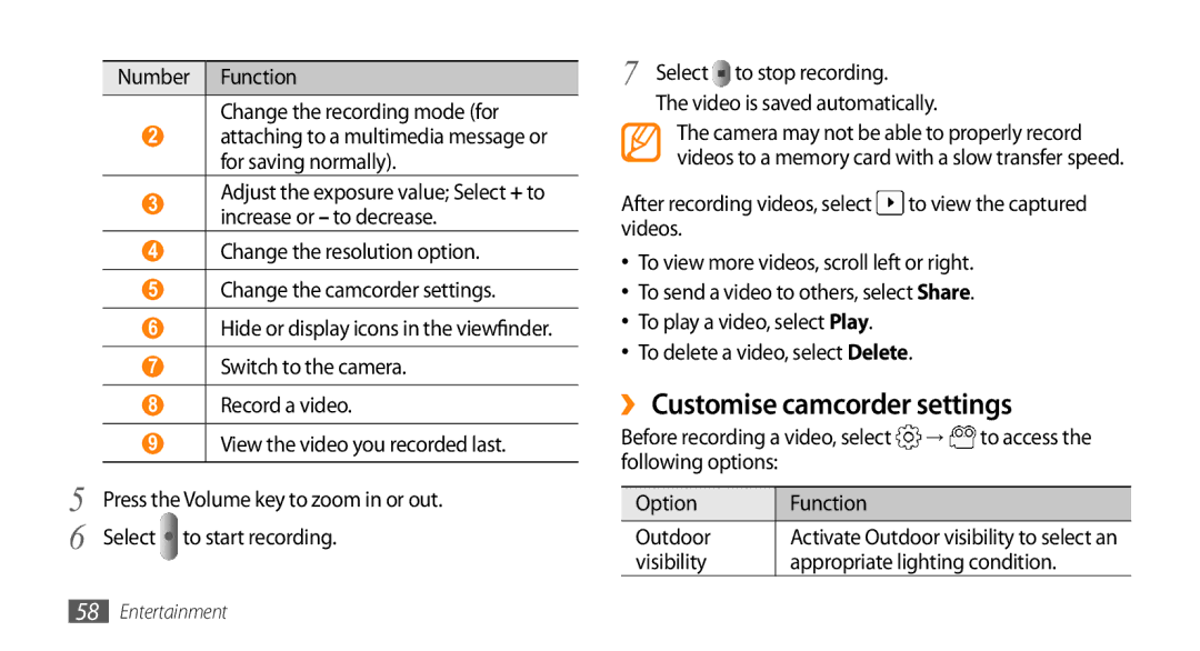 Samsung GT-I9010XKAITV, GT-I9010XKADBT manual ›› Customise camcorder settings, Number Function Change the recording mode for 