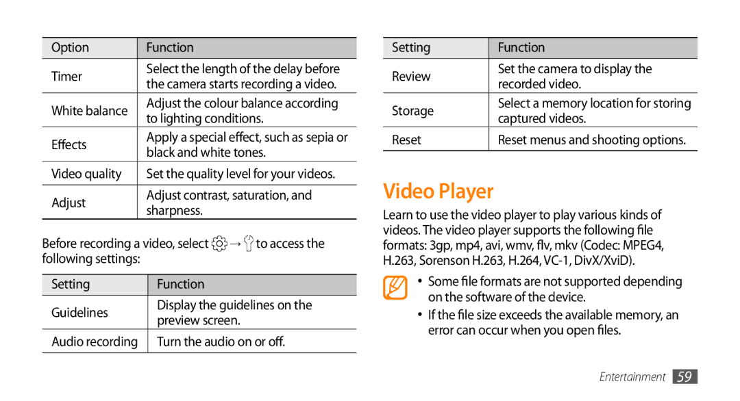 Samsung GT-I9010XKASER, GT-I9010XKADBT, GT-I9010XKAXEN, GT-I9010XKAITV manual Video Player 