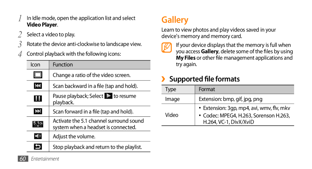 Samsung GT-I9010XKADBT, GT-I9010XKAXEN, GT-I9010XKAITV, GT-I9010XKASER manual Gallery, ›› Supported file formats, Video Player 